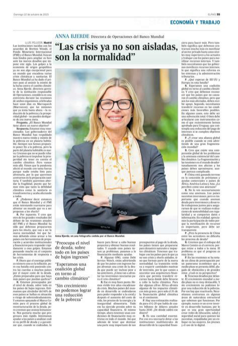 Happy to reflect in @el_pais on the changes the @WorldBank is undertaking to adapt to a world in which crises and shocks are becoming the new normal. Read my interview in Spanish: elpais.com/economia/2023-…