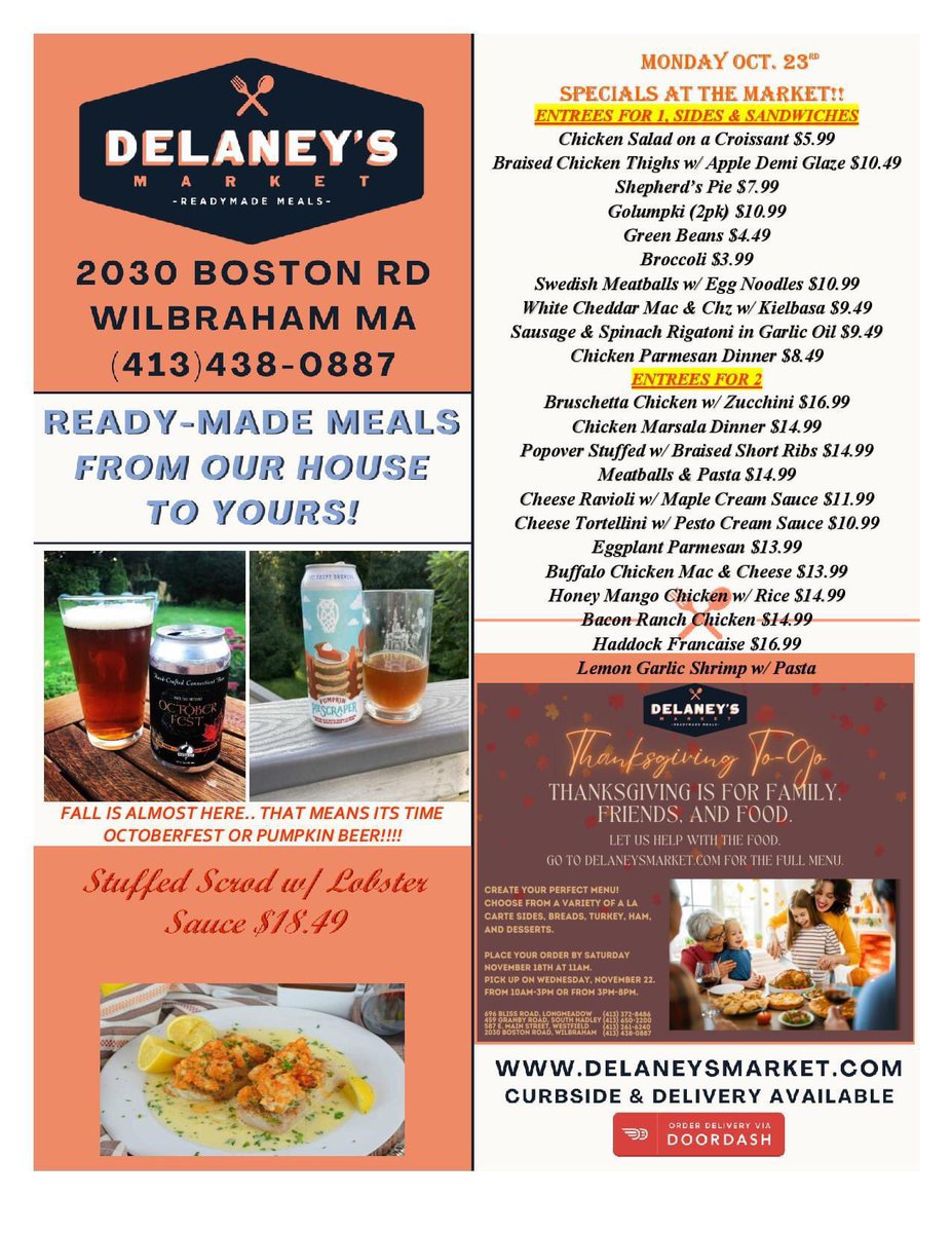 Happy Monday from Delaney's Market Wilbraham!!! Start your week off right with some delicious #readymademeals for #lunch or #dinner!!! We are here till 8!