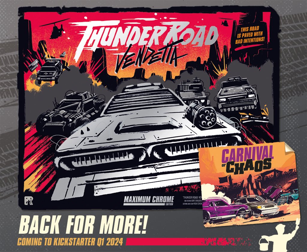 🚨Looking for Playtesters! 🚨

If you own Thunder Road: Vendetta, can print out playtest materials or use Tabletop Simulator, and can play 3 games between 10/27-11/10, and want to playtest the upcoming Carnival of Chaos expansion, sign up here: 

docs.google.com/forms/d/1Mlch4…