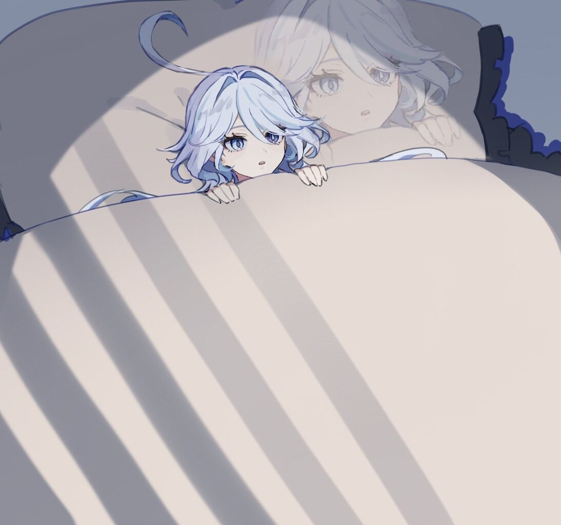 1girl ahoge pillow blue eyes blue hair solo under covers  illustration images