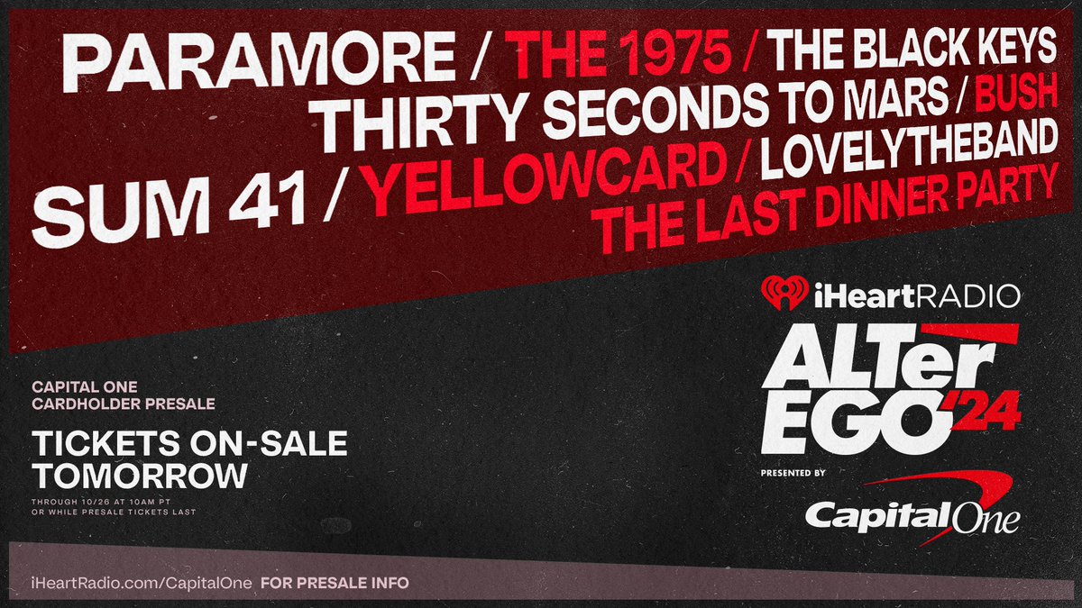 throwbacksavl's tweet image. Our 2024 @iHeartRadio ALTer EGO is going to be the best night of your life! 🤘🎸 If you’re a @capitalone cardholder RUN don’t walk and secure your tickets now with the exclusive pre-sale just for you! 🏃‍♀️ #iHeartALT tickets here: iHeartRadio.com/CapitalOne