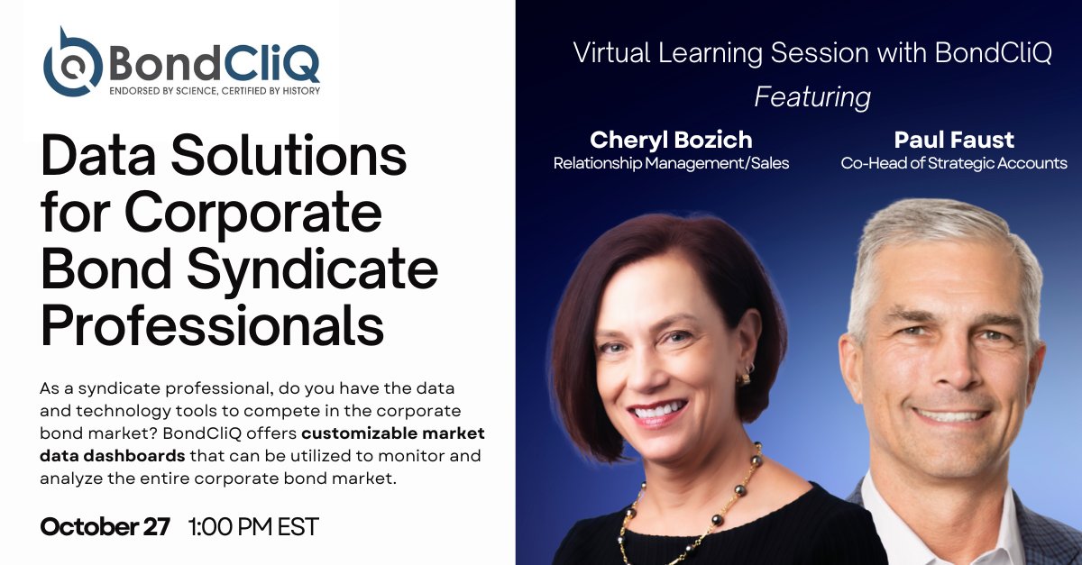 bondcliq's tweet photo. Join us on 10/27 at 1 PM EST for a virtual learning session on:
- Credit market data sets
- Customizable data solutions 
- Primary market metrics 
Sign up here: https://t.co/1nzWlb01ij

#webinar  #bonds #corporatebonds #data https://t.co/cA1c3I4leF