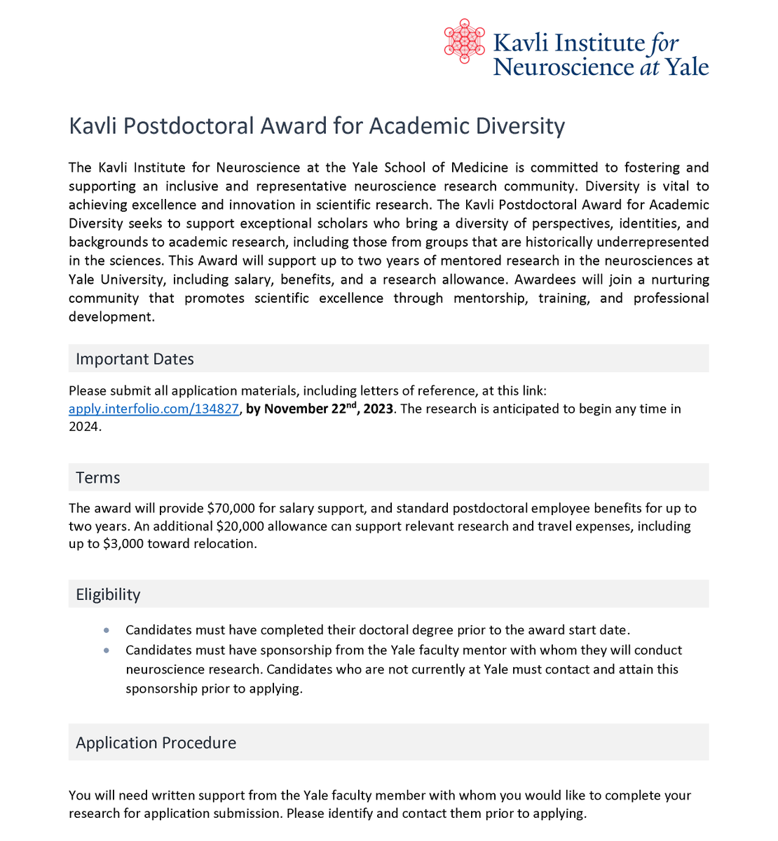 📢Applications are open for the Kavli Postdoctoral Award for Academic Diversity. This 2-year award supports exceptional scholars bringing a diversity of perspectives, identities & backgrounds to academic research. Open to folks new to Yale or already here! apply.interfolio.com/134827