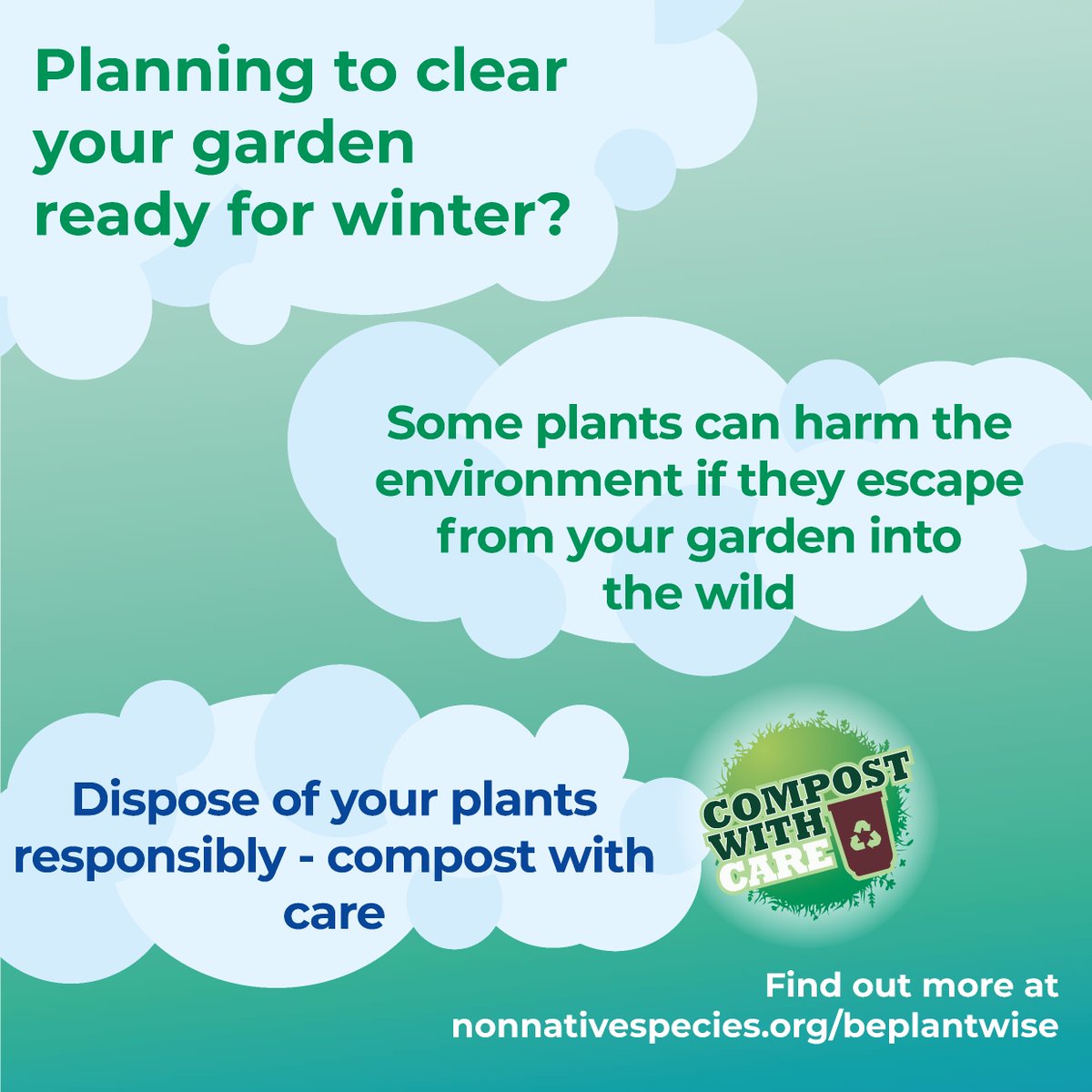Planning to clear your garden ready for winter? 🍃🍂 Invasive non-native plants can harm the environment if they escape from your garden into the wild You can help! Dispose of your plants responsibly, compost with care ♻️🌱 Find out more nonnativespecies.org/beplantwise #BePlantWise