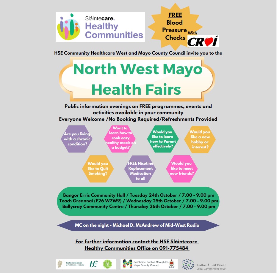 StaffNewsWNW's tweet photo. Are you from North West Mayo?

Join us this week at one of our Health Fairs!

ℹ️Check out the poster below for more information!

#SlaintecareHealthyCommunities #HealthFairs #SlaintecareMhaighEo https://t.co/opvnrOzUNX