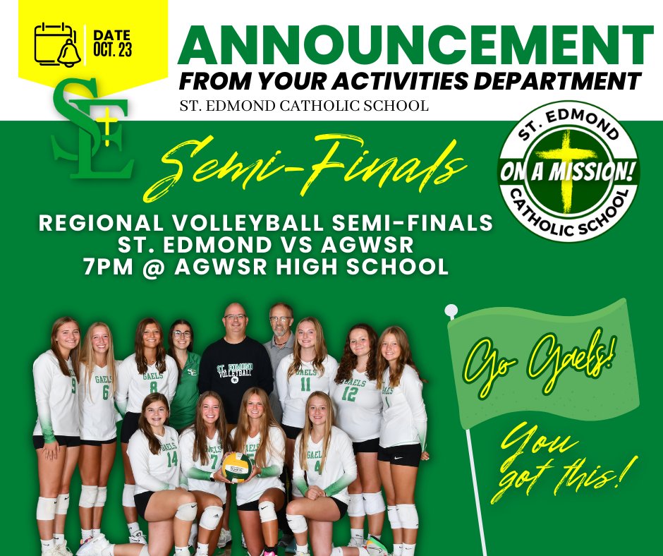 Regional Volleyball Semi-Finals St. Edmond vs AGWSR 7 pm @ AGWSR High School Tickets can be purchased online or at the gate with a card. tickets.gobound.com/tickets/events…
