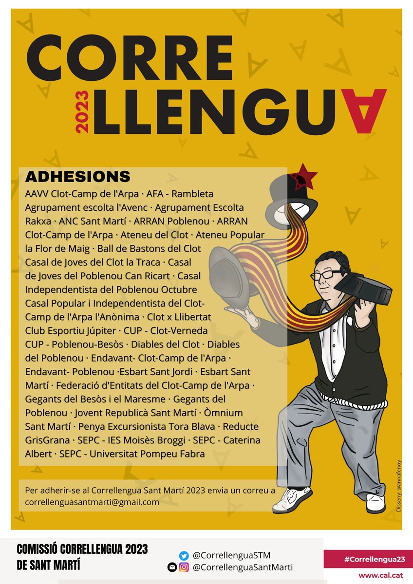 Ens adherim, orgullosament, al <a href="/Correllenguastm/">Correllengua Sant Martí</a> d'aquest any. Defensem la nostra llengua barri a barri i carrer a carrer!