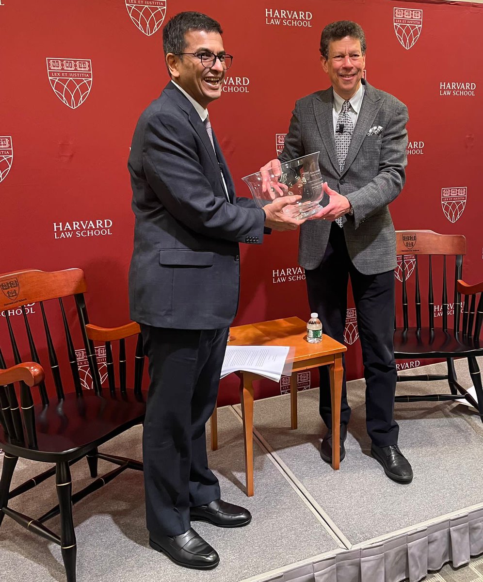 barandbench's tweet photo. Chief Justice of India Dr DY Chandrachud was felicitated in-person with the ‘Award for Global Leadership’ conferred by the Center on the Legal Profession, Harvard Law School

CJI spoke about the initiatives at the Supreme Court that have been taken during his first year of tenure as the Chief Justice. These include incorporation of technology in court processes, launch of Handbook on combating gender stereotypes, etc.

#SupremeCourt @Kennedy_School