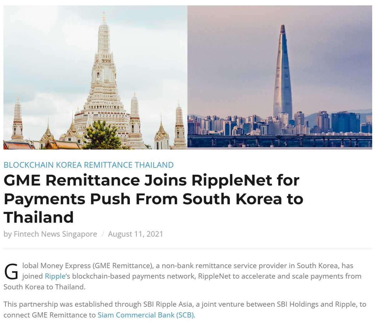 ChadSteingraber's tweet photo. --South Korea--
GME Remittance joins an existing roster of Korean financial institutions and money transfer companies already on #RippleNet including CROSS ENF and #Sentbe that currently serve the remittance corridor between South Korea and Thailand. @emy_wng #XRP #Ripple