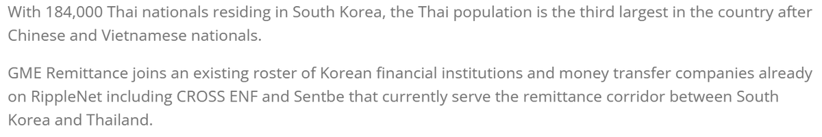 ChadSteingraber's tweet photo. --South Korea--
GME Remittance joins an existing roster of Korean financial institutions and money transfer companies already on #RippleNet including CROSS ENF and #Sentbe that currently serve the remittance corridor between South Korea and Thailand. @emy_wng #XRP #Ripple
