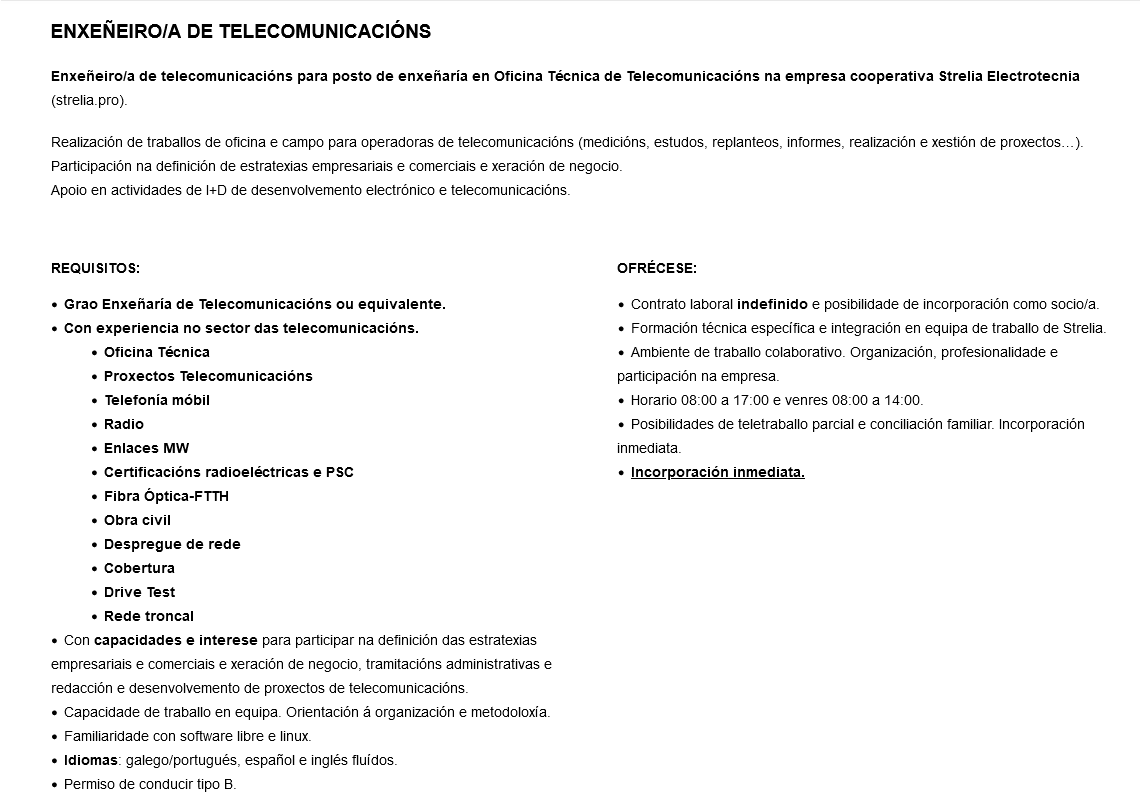 StreliaElectro's tweet photo. En Strelia buscamos compañeiro/a ❗️❗️❗️
Se tes a #enxeñaría de #Telecomunicacións temos unha oferta para ti  👉👉 https://t.co/TjFR4EfuAY
#emprego #empleo #hiring #Telecomunicaciones  #engineer #ingeniería https://t.co/nAMES4lG5t