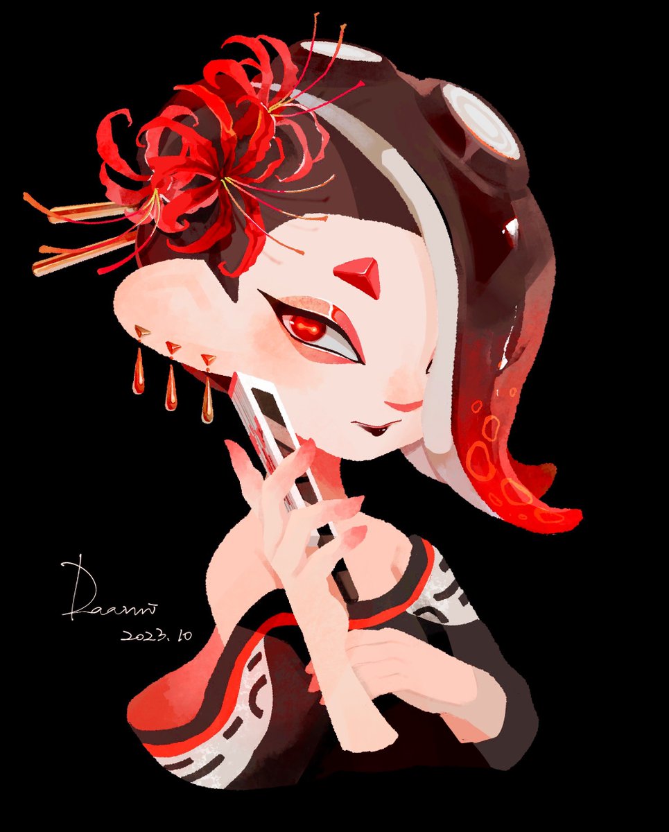 1girl octarian flower suction cups solo hair over one eye red eyes  illustration images