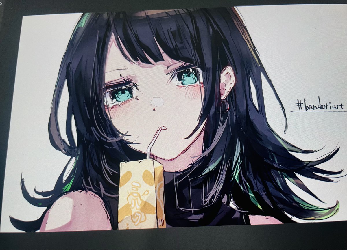 1girl solo black hair jewelry earrings drinking straw juice box  illustration images