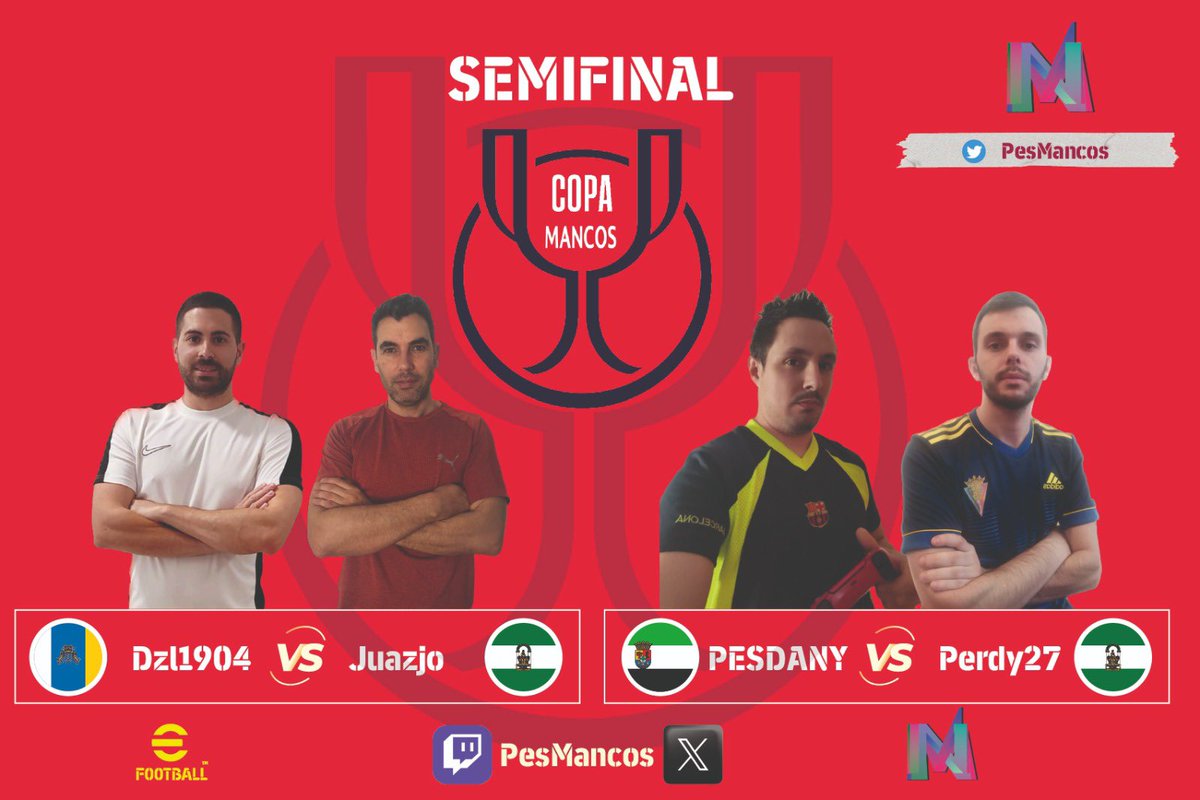 Ya tenemos en marcha las semifinales de la COPA MANCOS, tenemos a 4 semifinalistas que van con todo a por el trofeo y suceder a <a href="/Frankcisco1985/">Francisco Avila</a>  en el palmares. Suerte a los cuatro.
<a href="/dzlpua/">Dzl1904</a> 
<a href="/juazjo/">Juazjo</a> 
<a href="/PESDANY10/">PESDANY</a> 
<a href="/Perdy_9/">P e r d y 🤙⚽</a> 

#eFootball2024