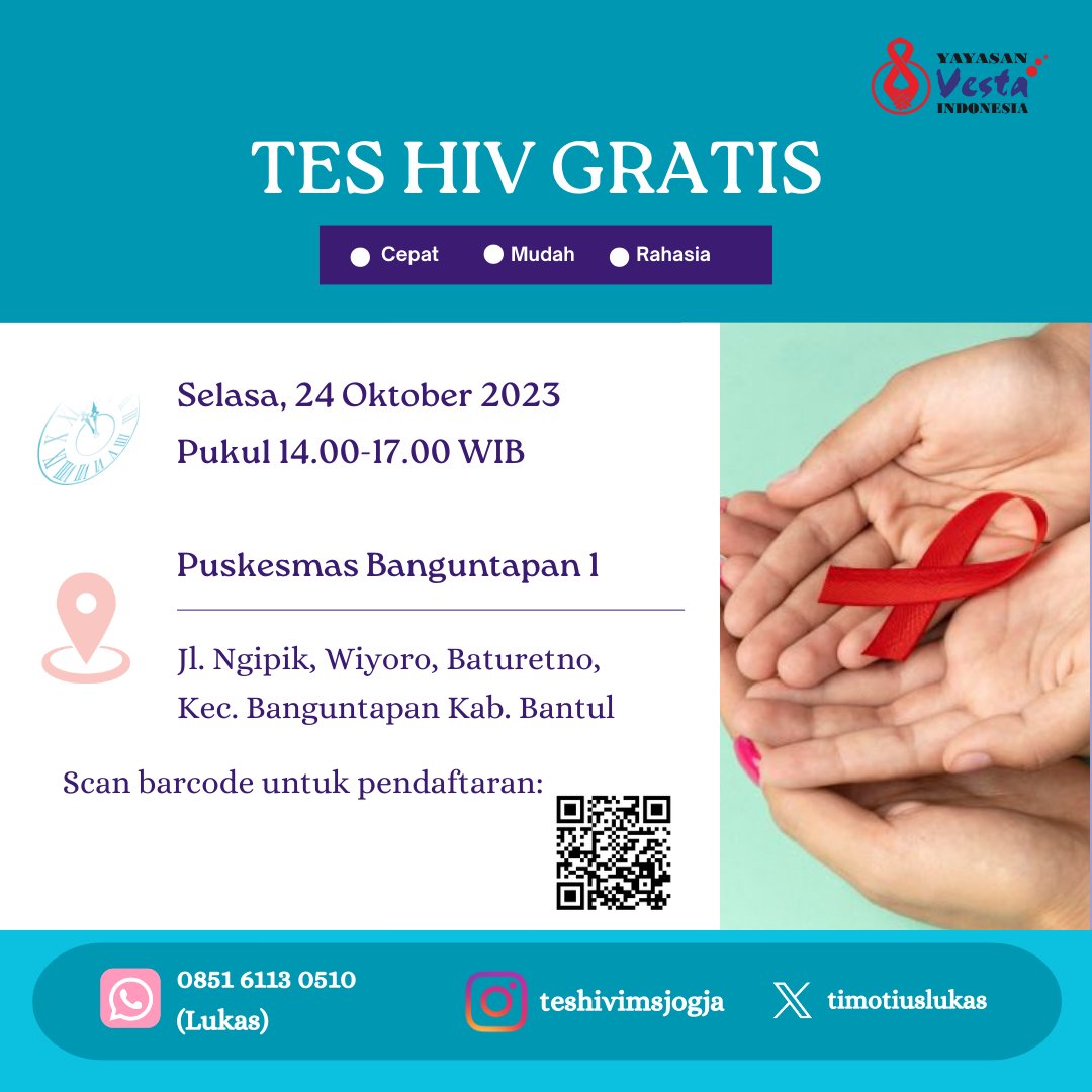 Besok banget! Yuk update status kesehatan seksual kalian. Scan barcode untuk pendaftaran, atau hubungi 0851 6113 0510 (Lukas) untuk informasi lebih lanjut.

#tesHIVJog #HIVJogja #IMS #HIV #TestJog