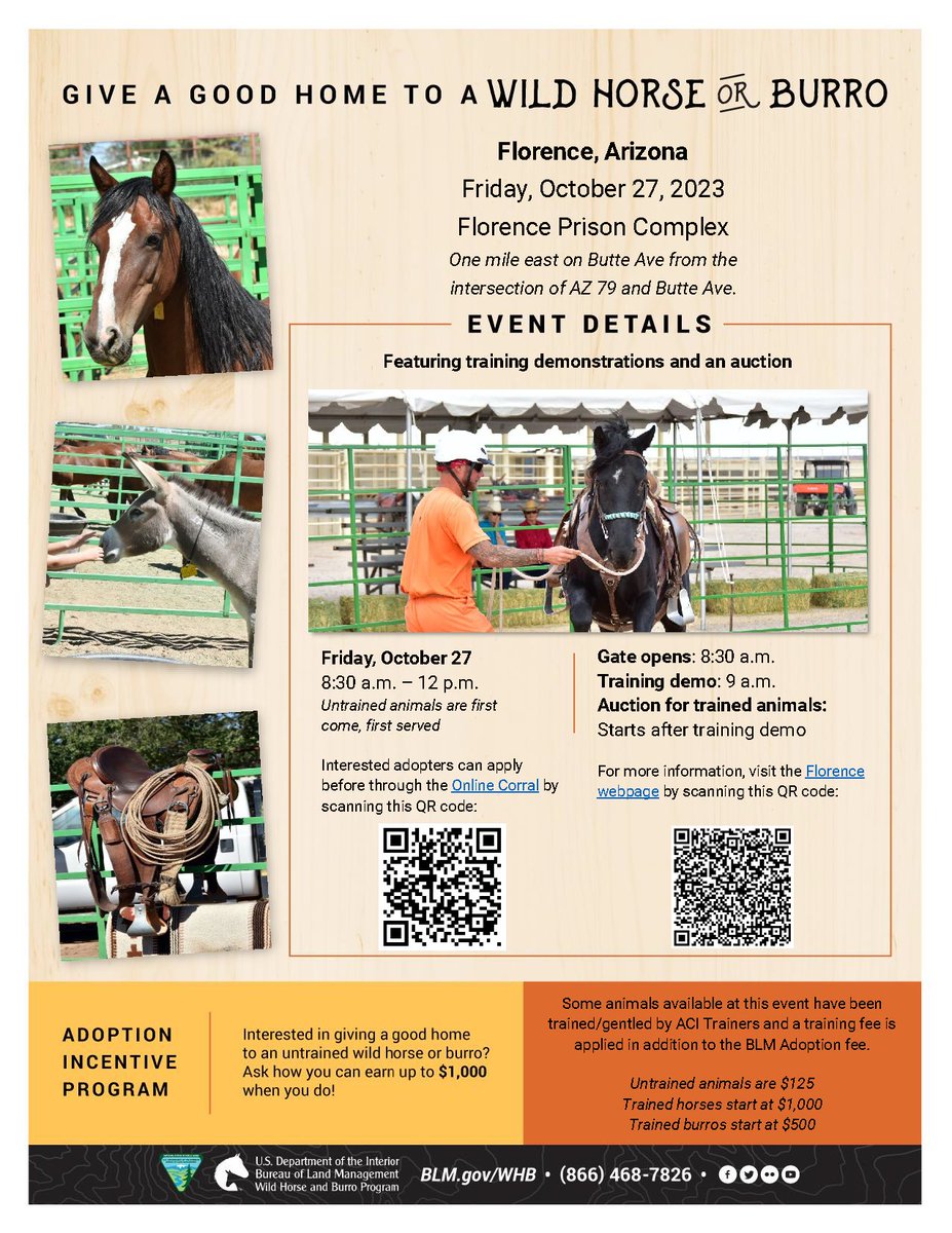 BLM Arizona is hosting a @BLMWHB event in Florence on Friday, October 27. From 8:30 a.m. to 12 p.m., see training demonstrations, participate in an auction, and more. Learn more: ow.ly/Z7HG50PZhGl