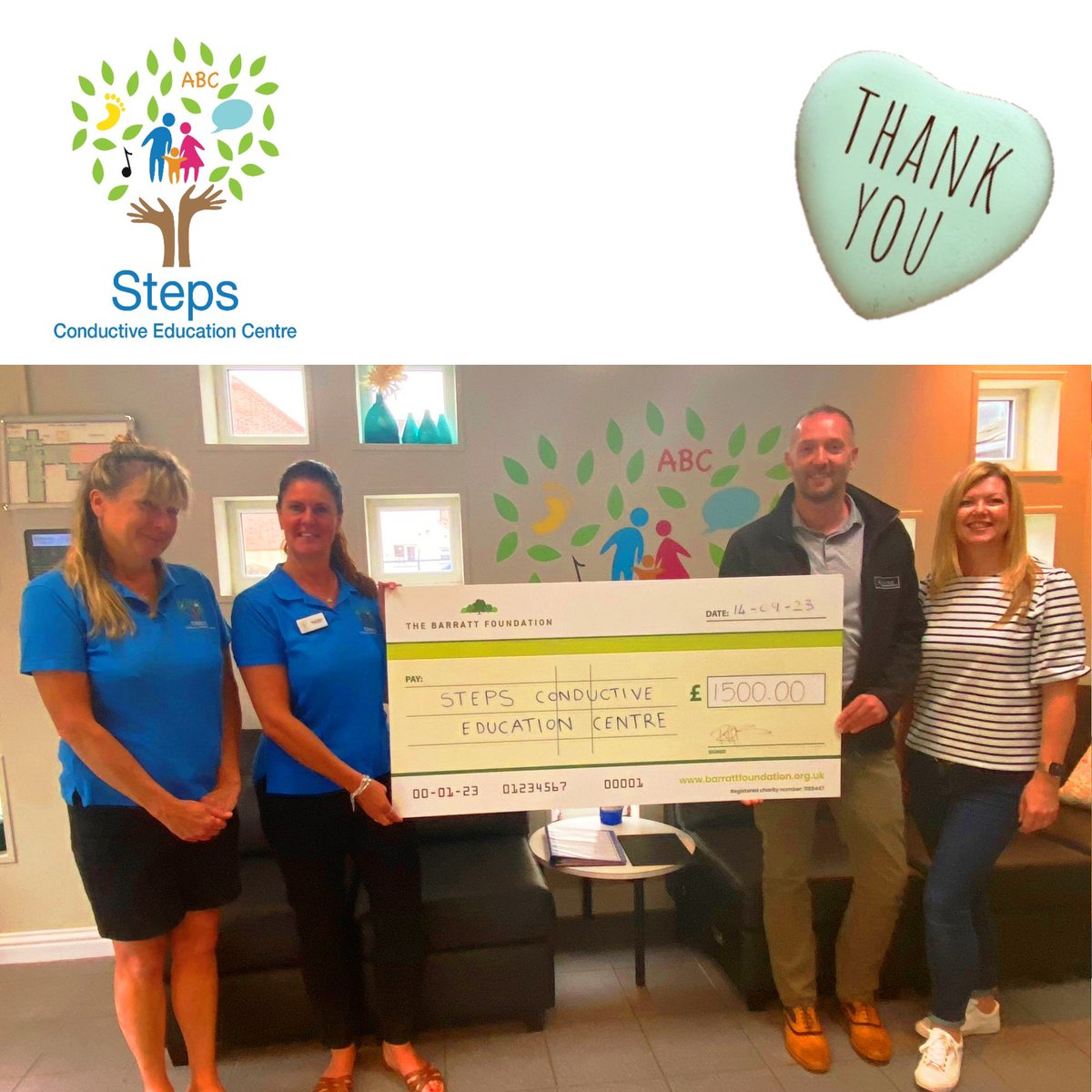 StepsConductive's tweet photo. Thanks from everyone at Steps to The Barratt Foundation (the charitable arm of Barratt Homes) for a fantastic donation of £1500.

Donations like this are what enables us to provide Conductive Education free of charge to the children that attend Steps.

#conductiveeducation https://t.co/J23s2lPhDp