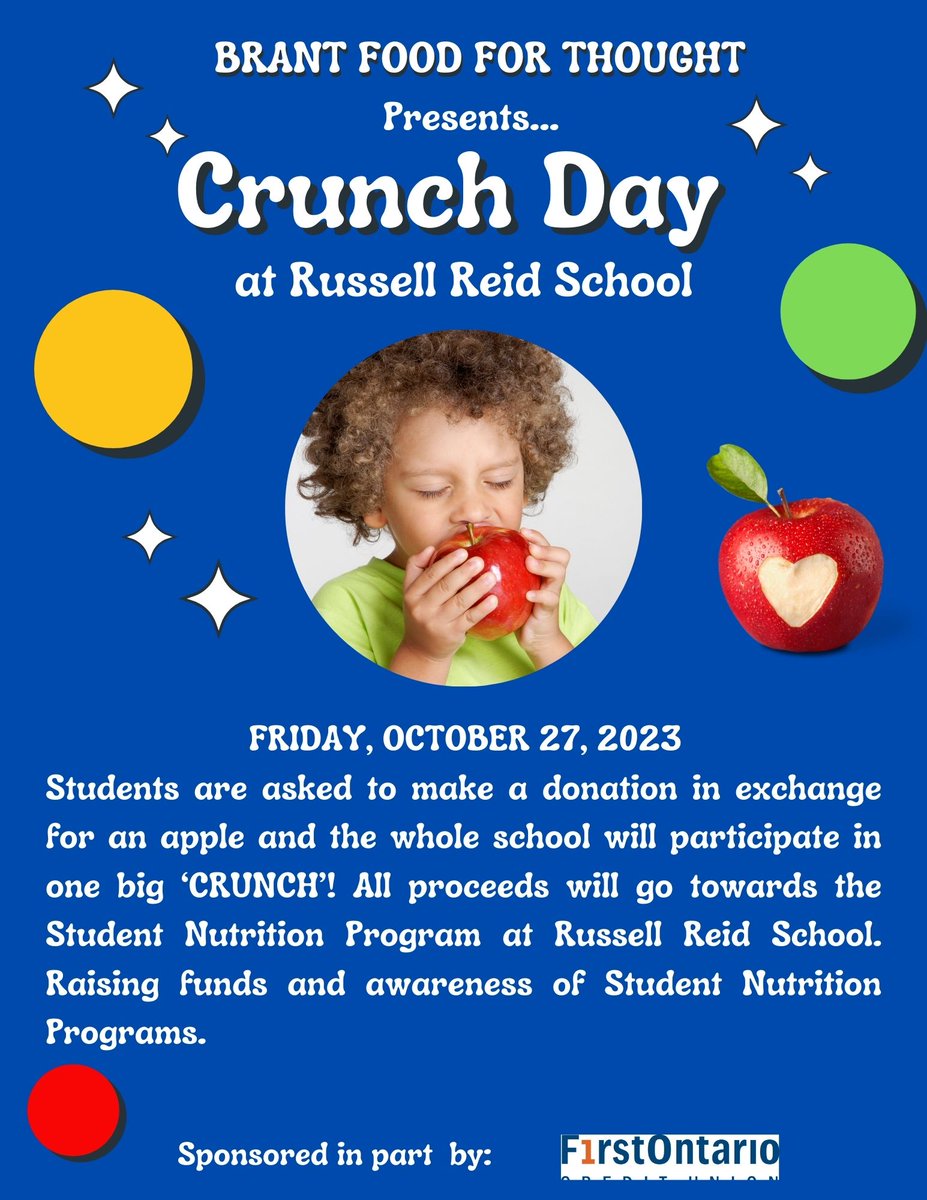 It's CRUCH DAY this Friday, October 27th, 2023 in support of <a href="/BrantFFT/">Brant Food For Thought</a> and our student nutrition program here @RussellFalcons! Please help support us by donating 1$, and help raise awareness of student nutrition across the Brantford community ... one "bite" at a time.  <a href="/GEDSB/">Grand Erie District School Board</a>