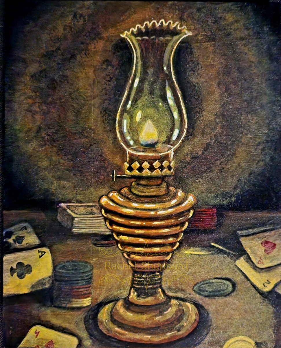 rayraysheppard's tweet photo. "Party Like it's 1899" ~ dedicated to my family who spent many winters by lamplight just like this #art #artist #painting #painter #acrylicpaint #stilllife #lamps #poker #gambling #makeitwithmichaels https://t.co/9teUsUPX1Y