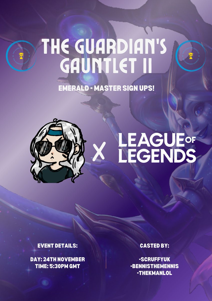 Sea_Guardian1's tweet photo. After the success of the previous Guardian's Gauntlet I have decided to host a second one! Thank you @scruffyuk, @TheKmanLoL and @BennisTheMenis for casting again! Sign-ups are in my discord!💙 https://t.co/qzAq9J7big
(TY @FalconNami for the art!) https://t.co/Adav0lmKvZ
