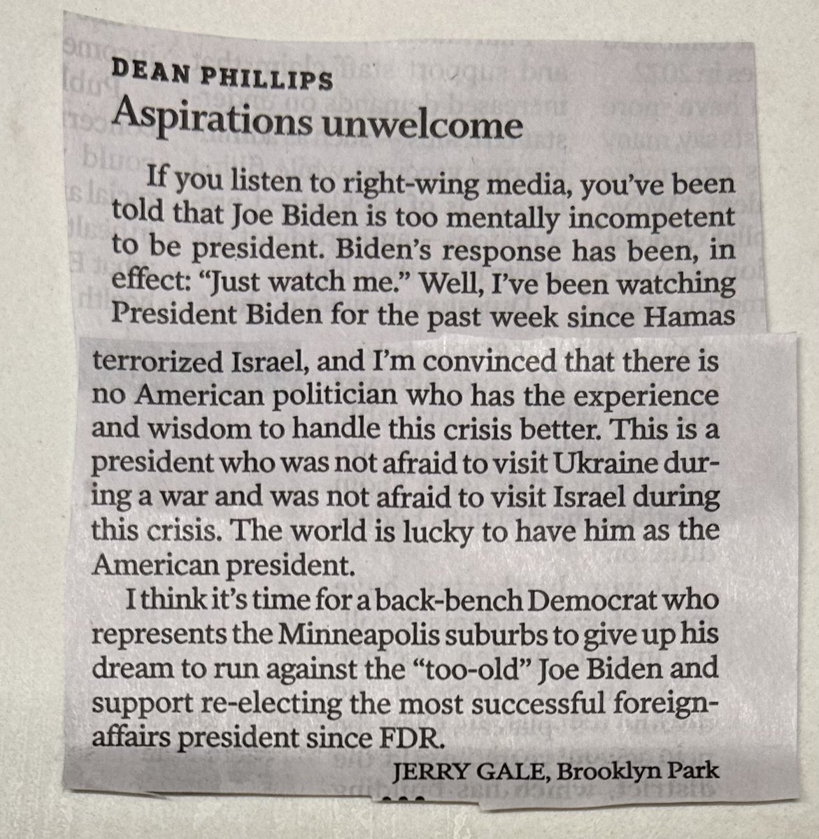 MNDemsVolunteer's tweet photo. My letter to the StarTribune about Joe Biden being the best foreign affairs president since DFR was printed this morning. I also had some advice for Dean Phillips. https://t.co/dW74ZpqmGY