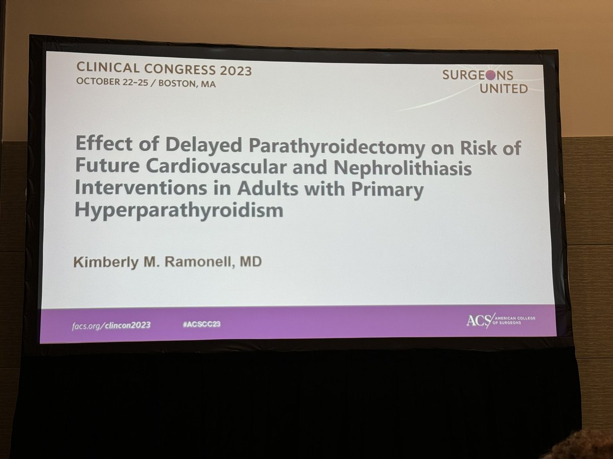 Amazing presentation from @KimRamonell newly FACS (🙌) on a multicenter study looking at the effects of delayed PTX on nephrolothiasis and CV disease @herbchen @UABSurgery @TheAAES @PittEndoSurg @CUEndoSurg @WeillCornell #ACSCC23