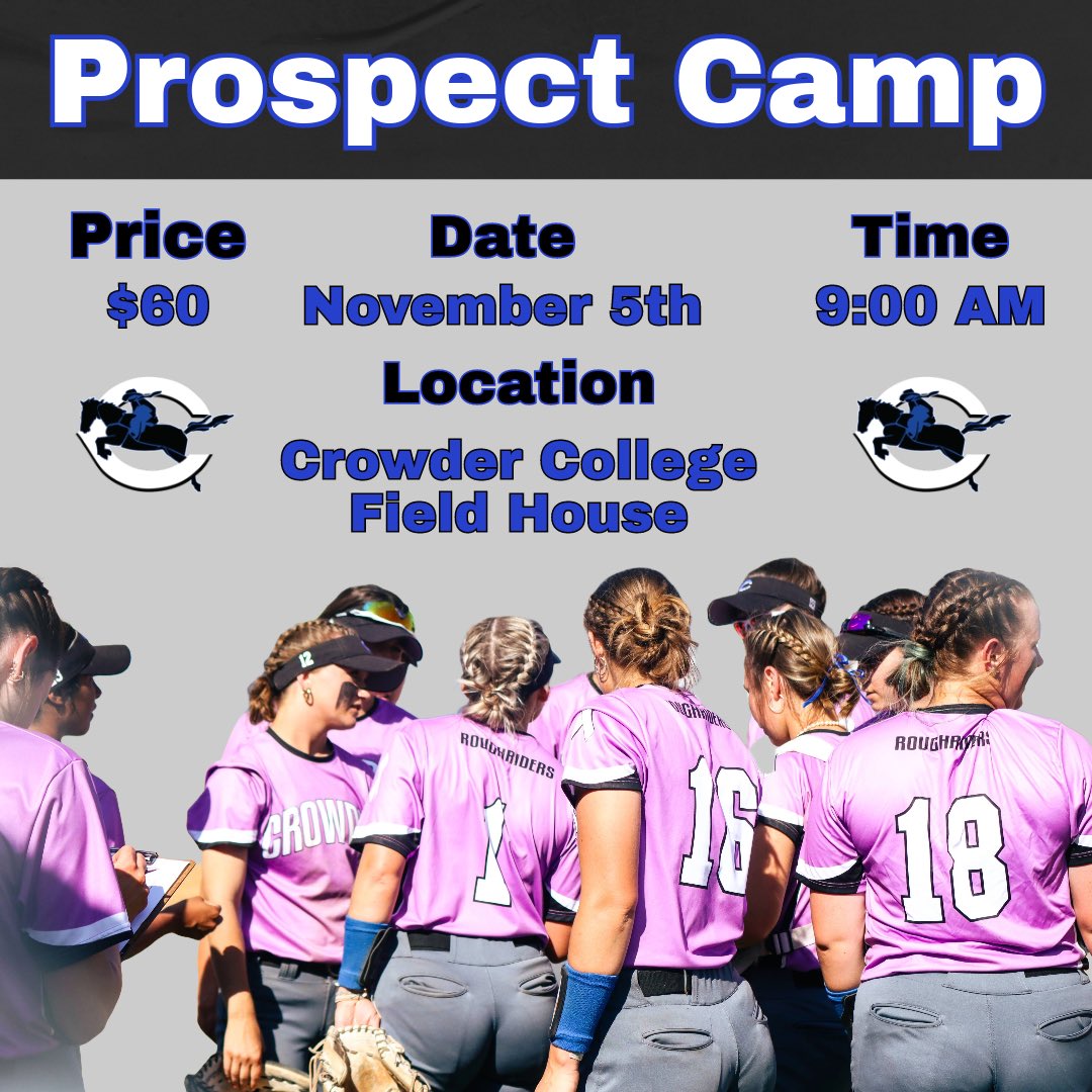 🚨🚨 Prospect Camp 🚨🚨 
 
Register by emailing paigemendoza@crowder.edu 

#RoughRiders 🤠