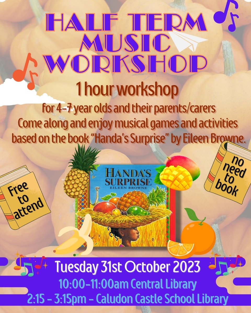 This half term come & enjoy a music workshop for 4-7 year olds @covlibraries. Fun musical games & activities based on the book “Handa’s Surprise” by Eileen Browne. Free to attend, no need to book. We can't wait to see you there! #MusicEarlyYears #BasedOnABook #HolidayActivities