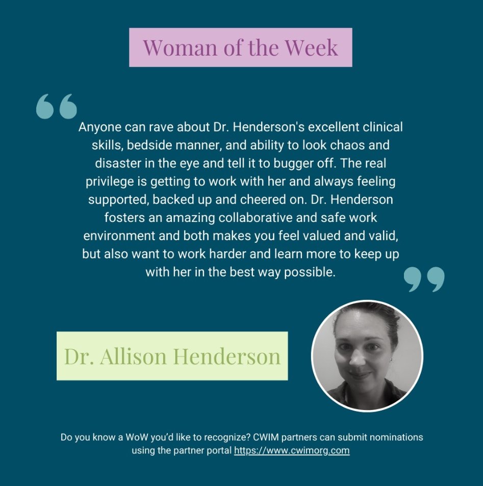 Congratulations to Dr. Allison Henderson - a member of our health care team! Dr. Henderson is the Canadian Women in Medicine's choice for "Woman of the Week" and we could not be more proud.