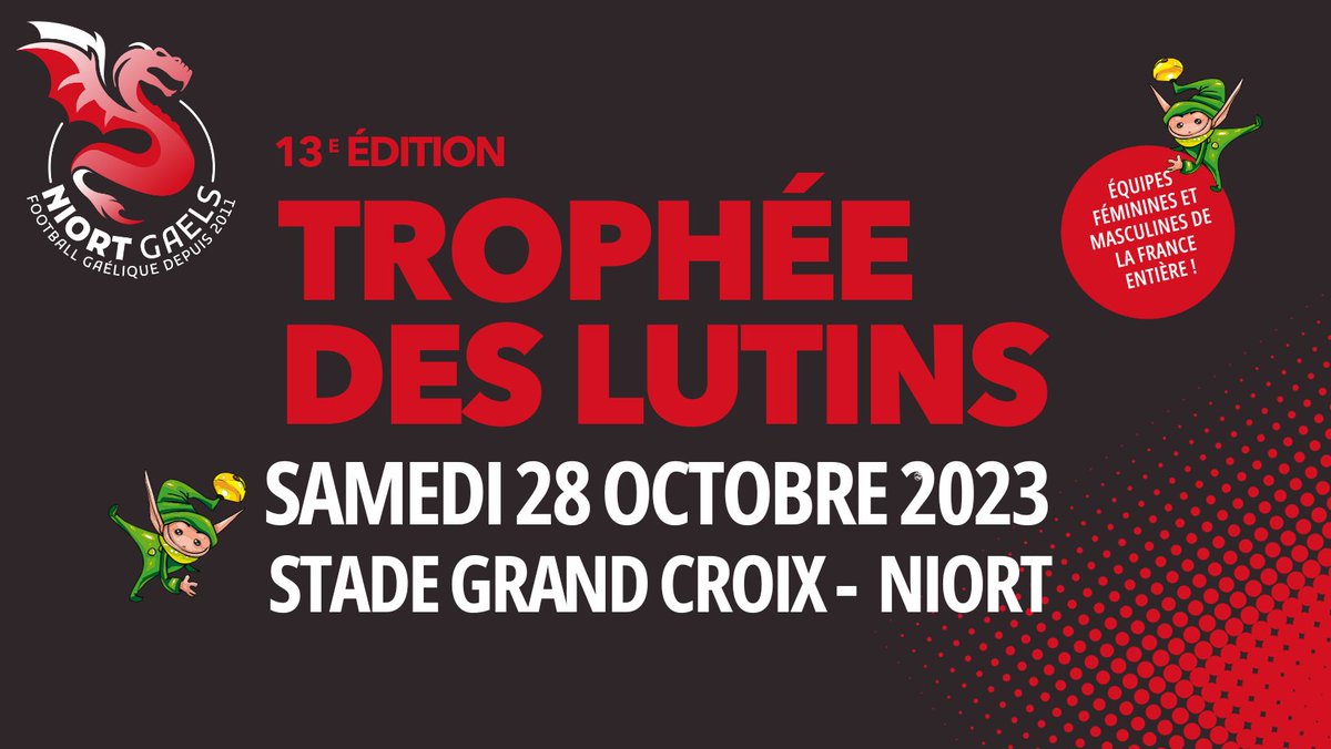 Vous l'attendiez tous et toutes, l'édition 2023 du Trophée des  Lutins est bien là ! Les Niort Gaels vous invitent à la 13ème édition de  leur traditionnel tournoi caritatif de football gaélique.

Avec <a href="/TolosaGaels/">Tolosa Gaels</a> ; <a href="/bordeauxgaelic/">@bordeauxgaelic</a> ; Agen et Guérande

mobilizon.fr/events/494eed0…