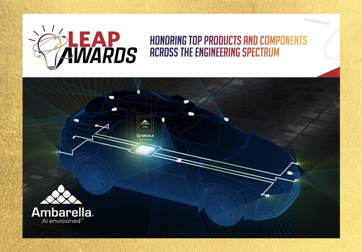 Ambarella_Inc's tweet image. .@DesignWorld named #Ambarella the top, GOLD winner in their 2023 LEAP Awards, for our Centrally Processed 4D Imaging Radar Architecture, in the #EmbeddedComputing category! A huge thank you to @WTWH_Media, @DesignWorld & @EEWorldOnline: ow.ly/YcE550PZyfp
#LEAPAwards $AMBA