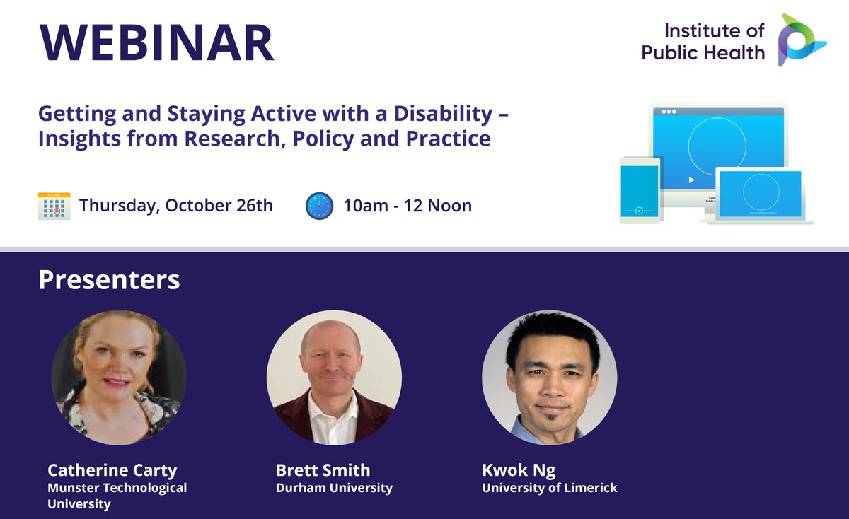 allislandIPH's tweet photo. #RegisterNow
This webinar on Thursday, 26 Oct will consider 'Getting and Staying Active with a Disability – Insights from Research, Policy and Practice' and will be of interest to a wide audience.
Find out more>>> https://t.co/MHDLES0rrj https://t.co/LcyUS64fQW