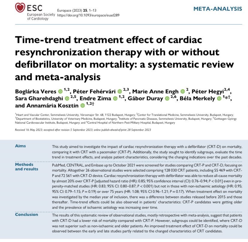EuropaceEiC's tweet photo. 📣#Europace 📚#Metaanalyis

🕰️📈Time-trend treatment effect of CRT with or without defibrillator on mortality: a systematic review and meta-analysis 

Full manuscript👇
🆓 https://t.co/eIMg7rGkdE

@GiulioConte9 @Dominik_Linz @FraSantoroMD @AndyZhangMD @MBergonti @marcovitoloMD https://t.co/698zzcYBQk