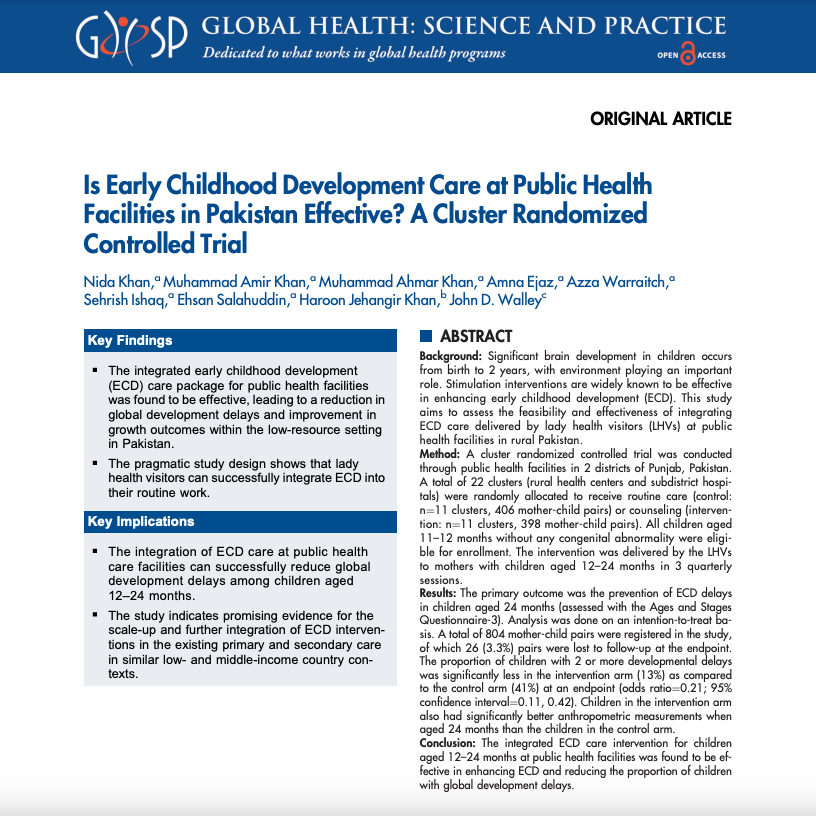 The authors found that an intervention to integrate early childhood development care delivered by lady health visitors at public health facilities in rural Pakistan effectively reduced global development delays and improved growth outcomes. tinyurl.com/4yna3cun