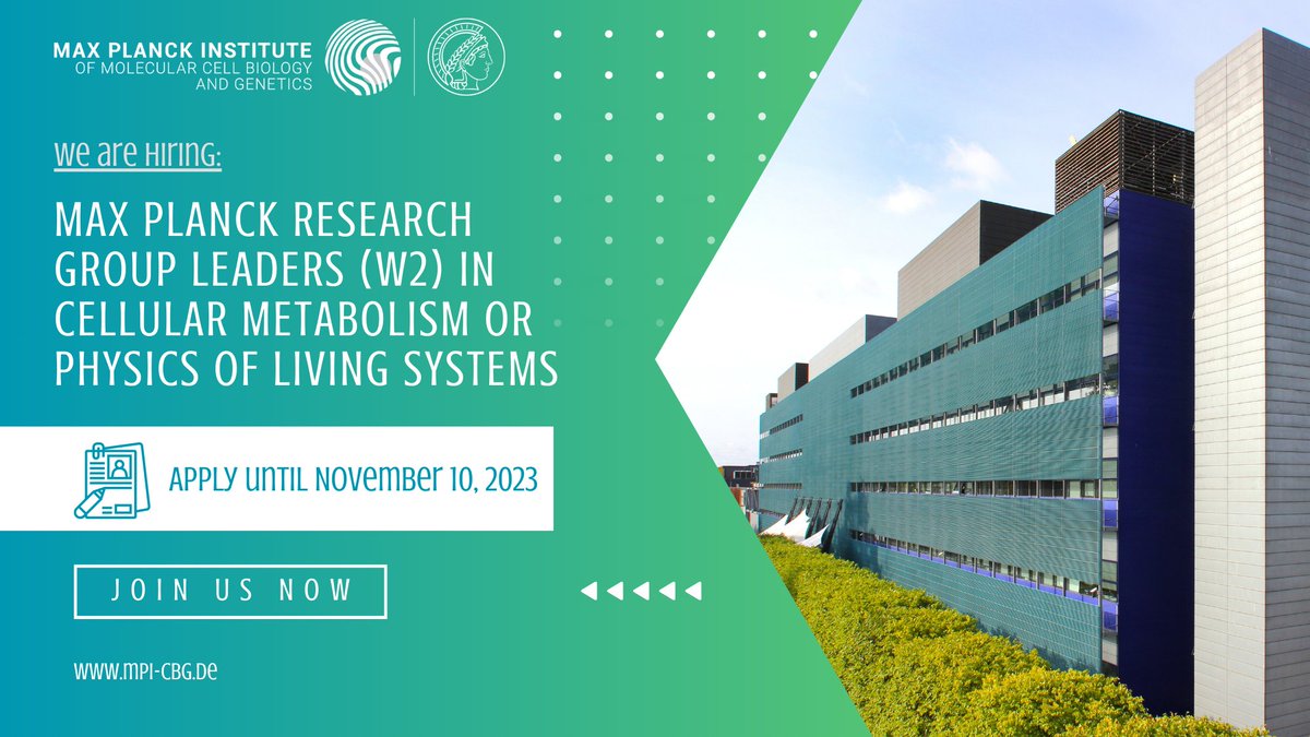 We are inviting applications to establish two Research Groups as Max Planck Research Group Leaders (W2) in Cellular Metabolism or Physics of Living Systems. Please apply until November 10th and become part of our community! mpi-cbg.de/join-us/open-p…