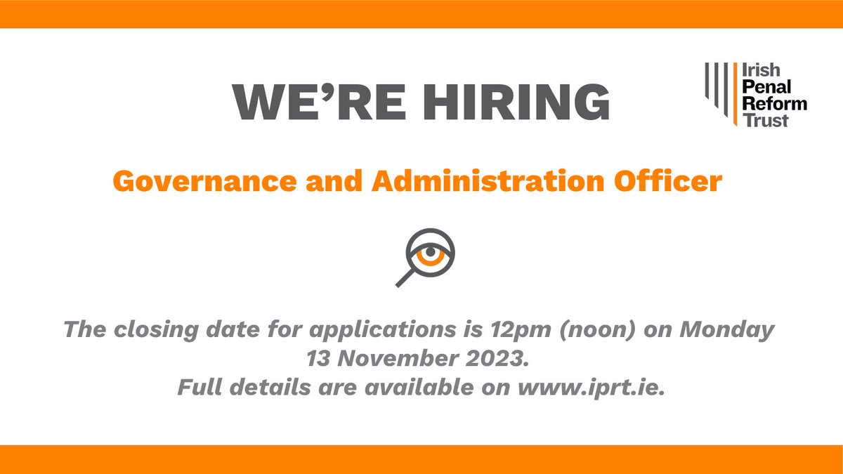 📣 WE'RE HIRING IPRT is recruiting a Governance and Administration Officer. IPRT is an equal opportunities employer. We welcome applications from people from diverse backgrounds as well as from people with criminal records. More about the role 👉 iprt.ie/latest-news/ip…