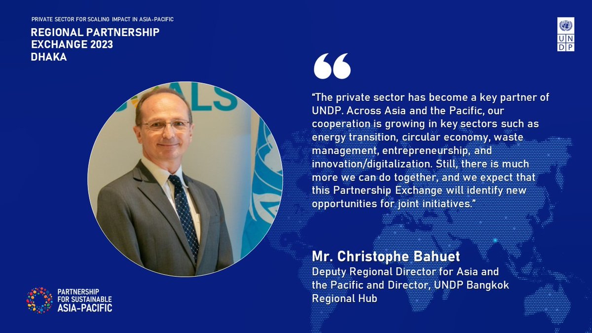 On the 1st day of the Regional #PartnershipExchange <a href="/UNDPasiapac/">UNDP in Asia and the Pacific</a> Deputy Regional Director, <a href="/C_Bahuet/">Christophe Bahuet</a> joined us virtually and shared his thoughts on private sector partnership 🤝🏽