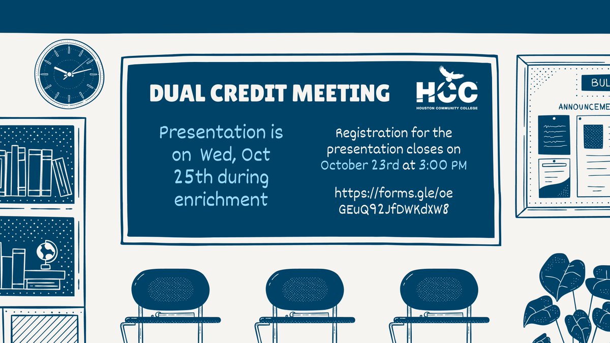 Are you interested in taking dual credit classes next year?
There will be a presentation from our Houston Community College representative Wednesday, October 25th during enrichment for you to attend.
forms.gle/oeGEuQ92JfDWKd…
Registration closes on October 23rd at 3:00 PM.