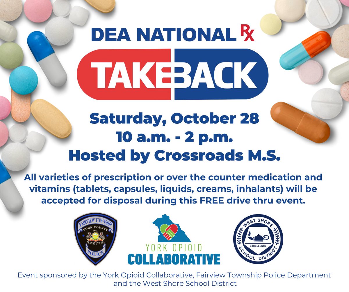 💊 PLEASE SHARE: Crossroads M.S. will serve as a drop-off location for Prescription Drug Take Back Day on Saturday, October 28, from 10 a.m.-2 p.m. All varieties of medication and vitamins will be accepted during this FREE drive thru event. #WestShoreCares <a href="/OpioidCollab/">York Opioid Collab.</a>