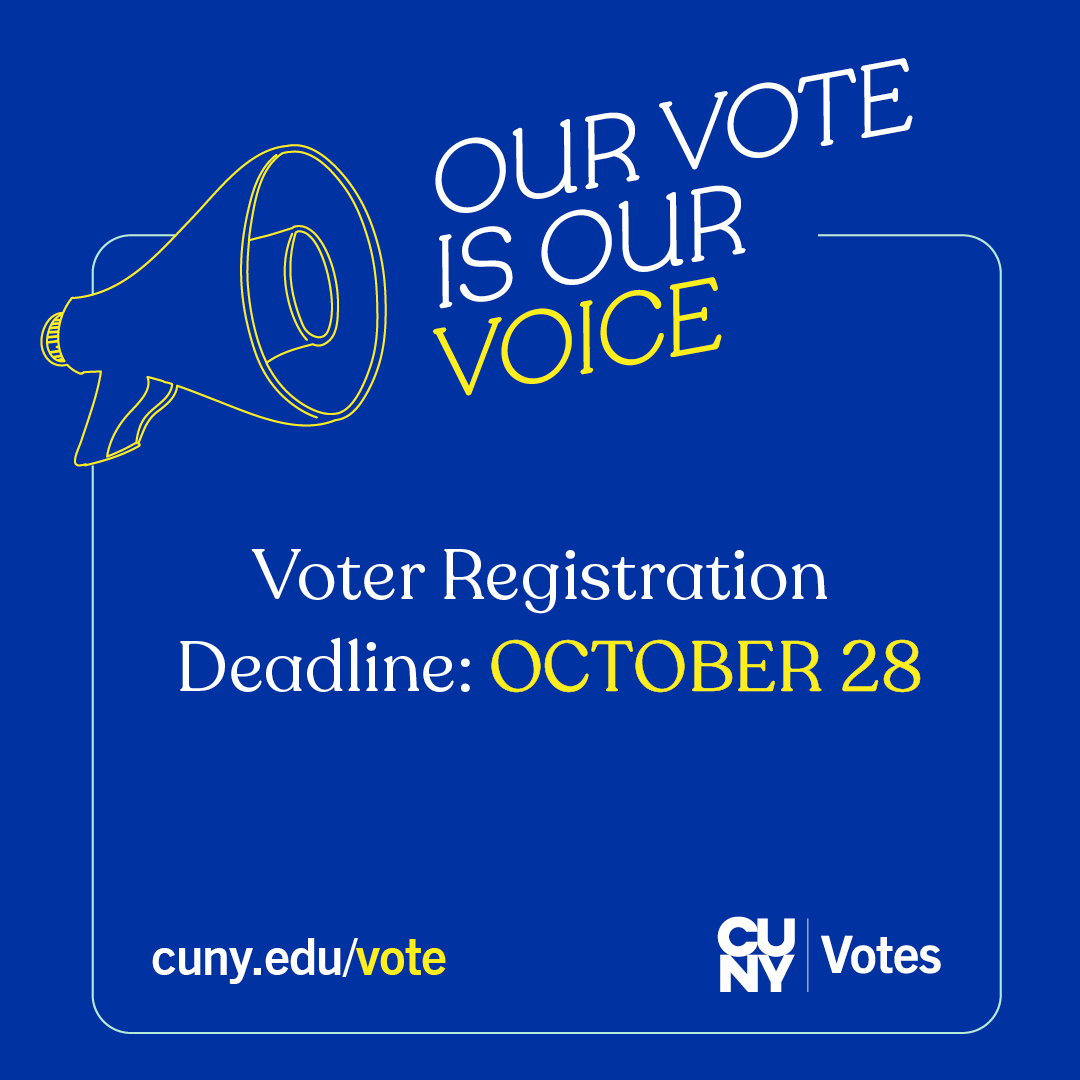 Mark your calendars! #CUNYVotes ⏰ Early voting: Oct. 28 to Nov. 5 🗳️ Election Day: Nov. 7 Find your poll site: ow.ly/kybk50PZGJS Visit ow.ly/gklt50PZGJT for more info.