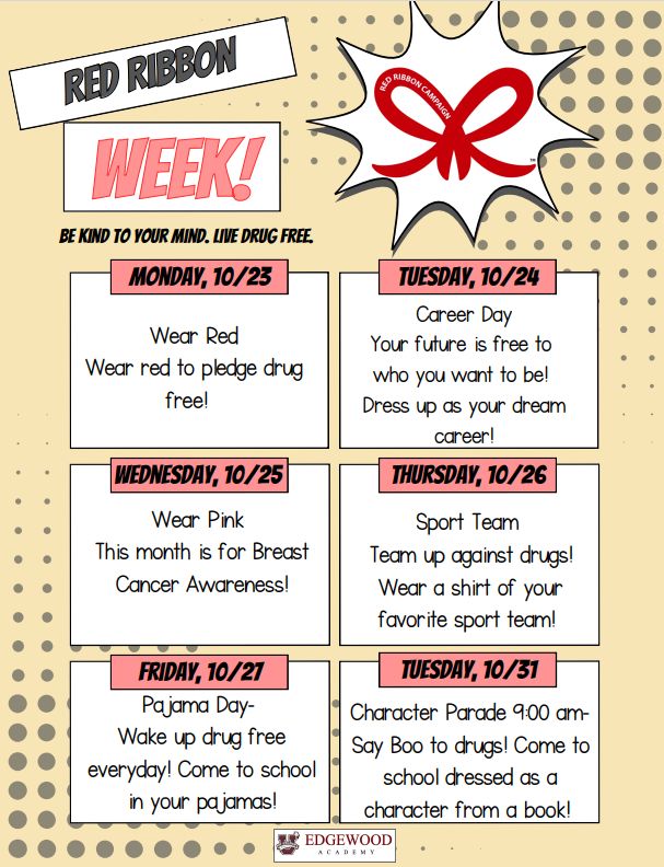 This week is Red Ribbon Week! Let's all say no to drugs! Check out the schedule for our spirit dress-up days!
#goknights #EWproud #ewbusd
#BUSDProud