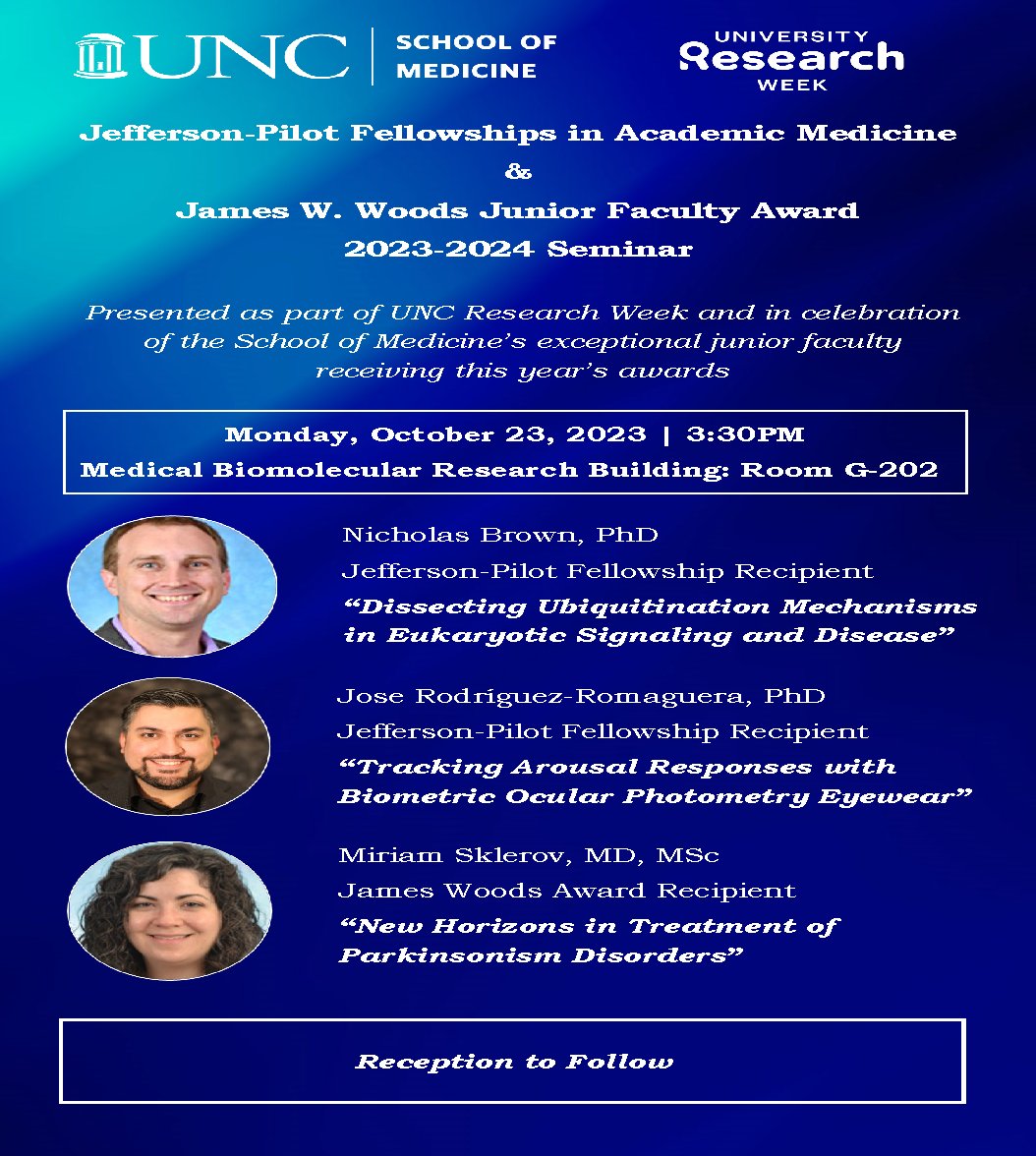 Don't miss the Jefferson-Pilot / James Woods seminar featuring this year's recipients Drs. Nick Brown, Jose Rodriguez-Romaguera, and Miriam Sklerov TODAY AT 3:30PM in MBRB G-202! #UNCResearchWeek #UNC @UNCResearch 🥳👍 @UNC_PHCO @UNC_CBP @UNCPsychiatry @UNCneurology