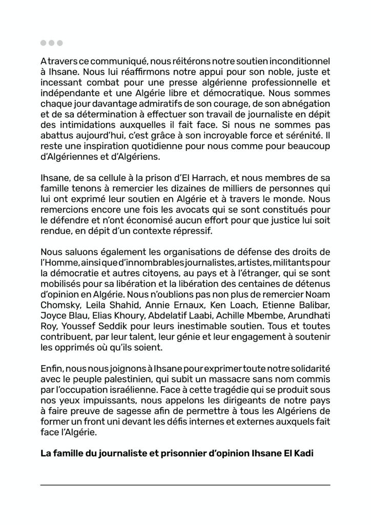 🔴 Communiqué de la famille du journaliste, directeur de Radio M et de Maghreb Émergent, Ihsane El Kadi à la suite de la décision de la Cour suprême de rejeter les pourvois en cassation de ses deux affaire.