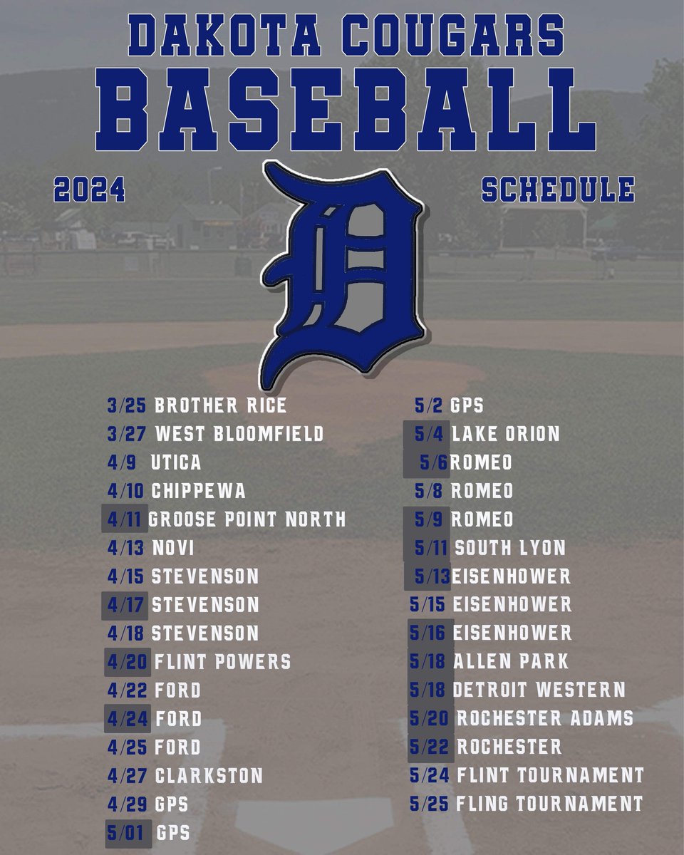 ⚾️⚾️⚾️2024 Dakota Varsity Baseball Schedule ⚾️ ⚾️ ⚾️ 

#GoCougars