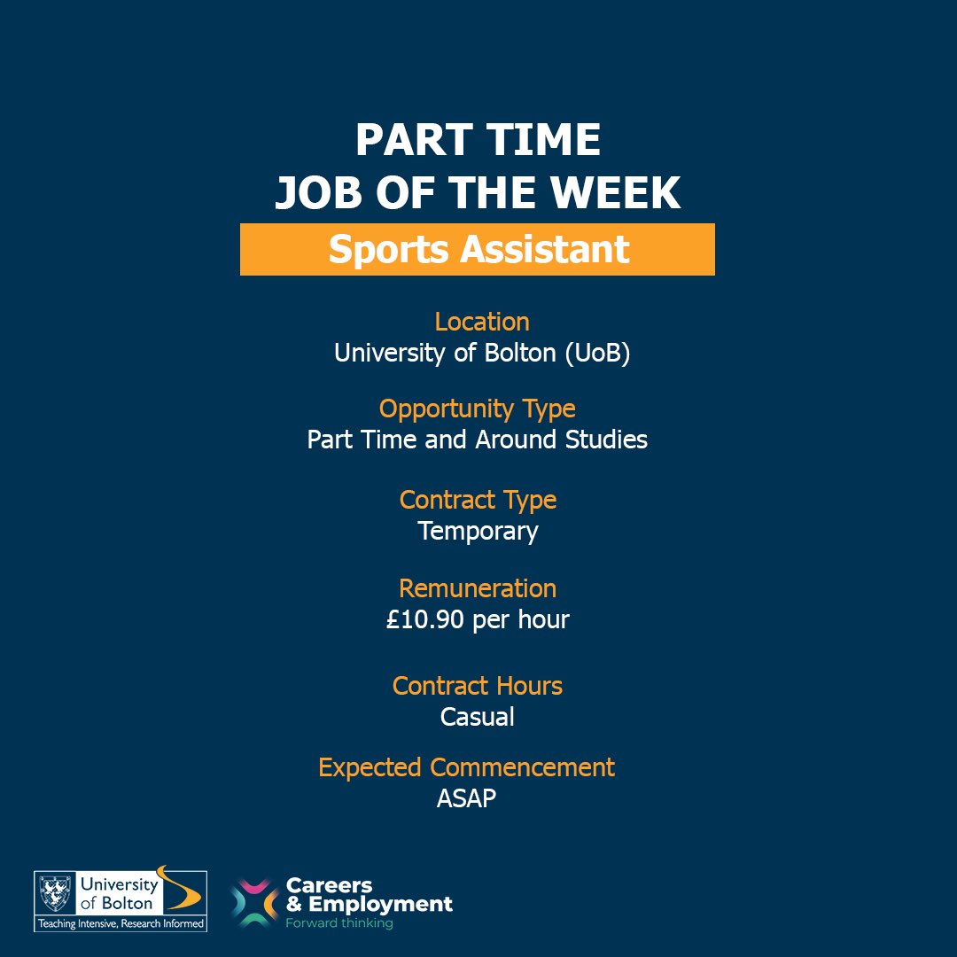 boltoncareers's tweet image. #ParttimeJoboftheWeek 
Sports Assistant 
Temporary casual position
£10.90 per hour
To apply, click here &amp;gt;&amp;gt; tinyurl.com/shbolton
  
#jobs #studentjobs #universityofbolton #sportsassistant