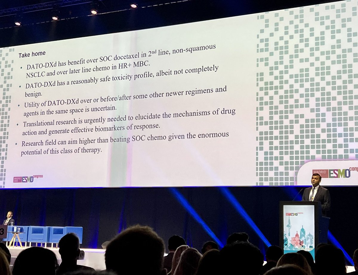 PTarantinoMD's tweet photo. Elegant discussion by S. Chandarlapaty. Clear PFS benefit of Dato-DXd over chemo in MBC &amp; NSCLC, with reasonable, but non-benign toxicity profile (eg 2% of G5 ILD in TL01). Efficacy after other Topo1 ADCs uncertain. Translational efforts warranted to unlock the potential of ADCs. https://t.co/AcvqkPurGd