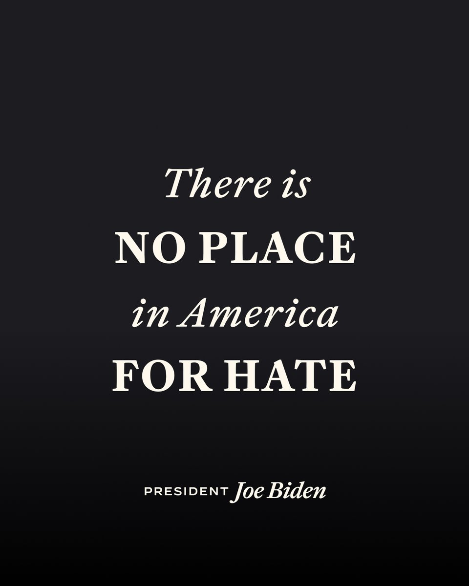 JoeBiden's tweet image. As Americans, we must come together and reject Islamophobia and all forms of bigotry and hatred. 

I have said repeatedly that I will not be silent in the face of hate. 

We must be unequivocal: There is no place in America for hate against anyone.