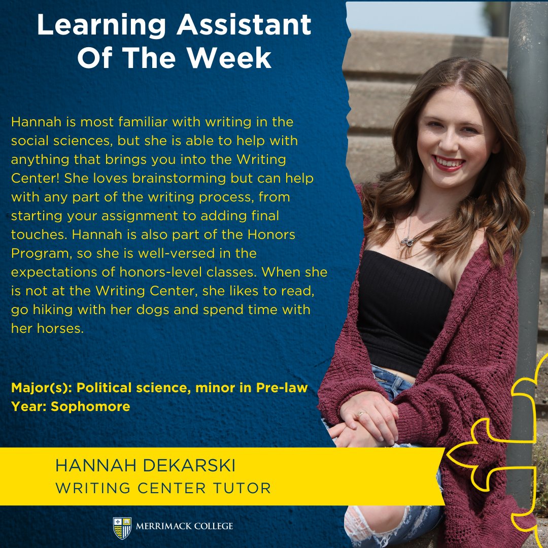 WritingCenterMC's tweet photo. Meet this  week's Learning Assistant of the Writing Center, Hannah Dekarski.  Congrats Hannah!! Thanks for being an awesome writing tutor! https://t.co/TPW1T8jslr