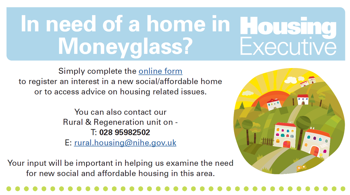 Interested in a social and affordable home in Moneyglass Co. Antrim? Our Rural Housing Needs Test for the area is underway. Register your interest by Friday November 3. More information here: bit.ly/3tzOa7b