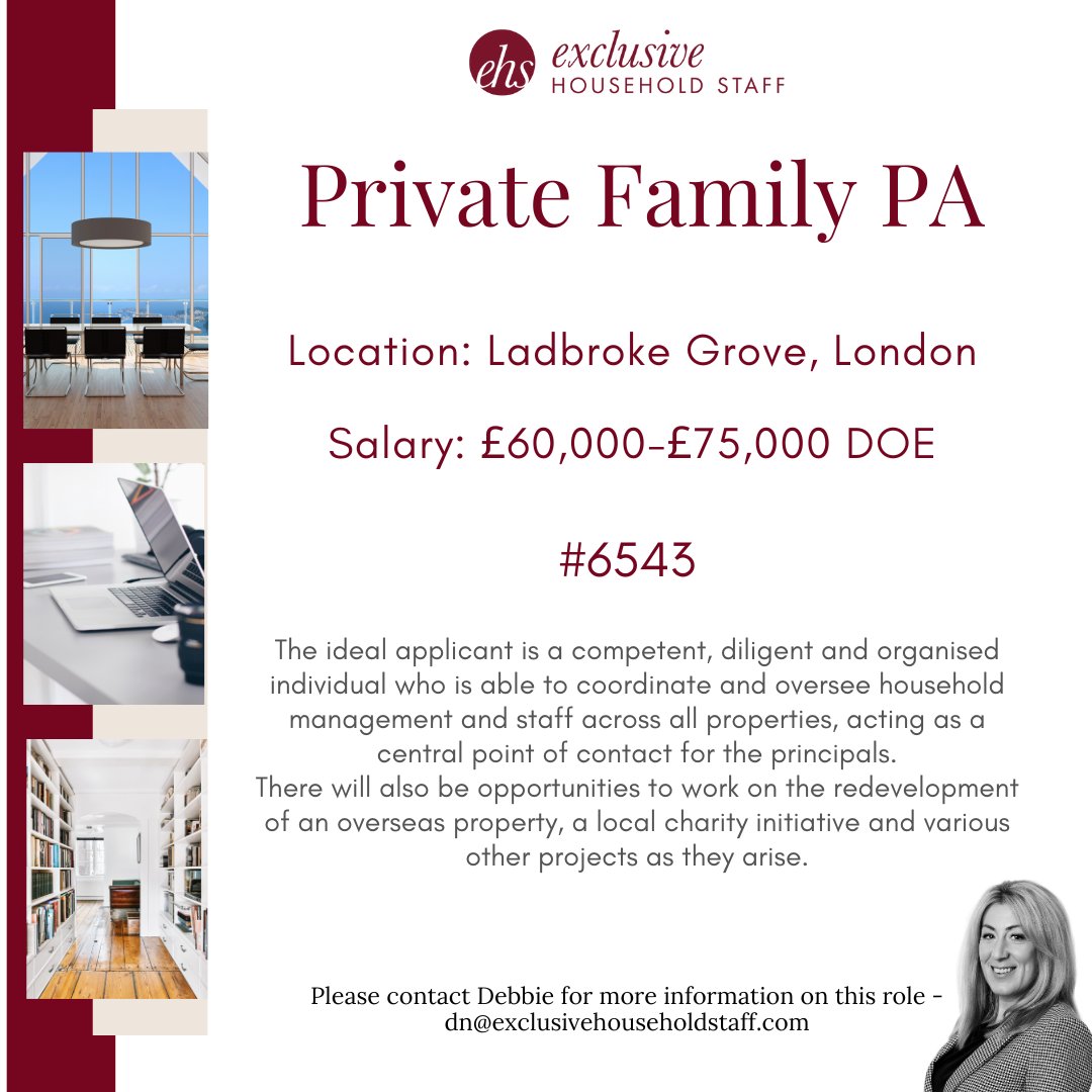 A busy London family are looking for an experienced and trusted PA to join their team. 

exclusivehouseholdstaff.com/vacancies/view…

#privatepa #personalassistant #privatefamilypa #privatestaff #privatestaffing #domesticstaff #londonpersonalassistant #londonjobs #ehs #hiring #recruitmentagency